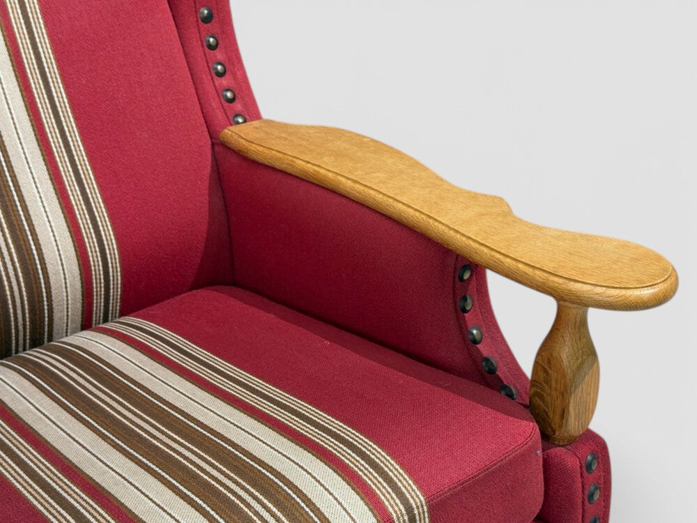 Henning Kjærnulf Style, Lounge Chairs, Red Fabric, Oak, Denmark, 1960s