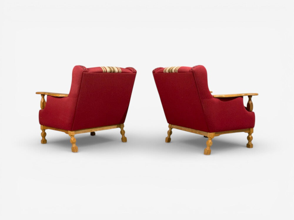 Henning Kjærnulf Style, Lounge Chairs, Red Fabric, Oak, Denmark, 1960s
