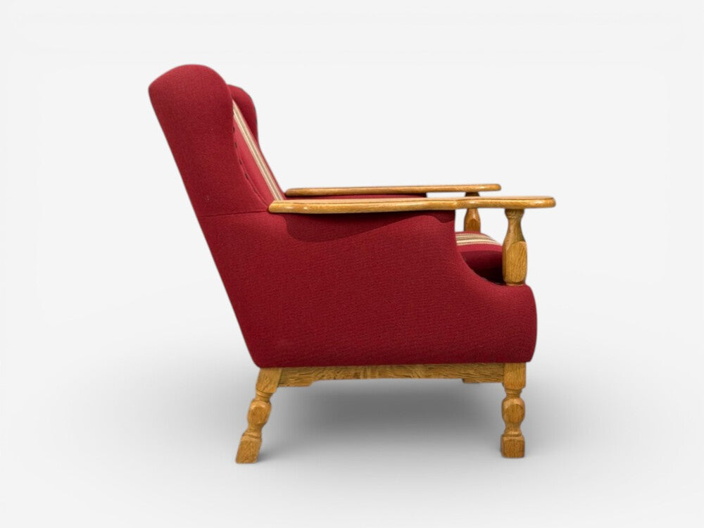 Henning Kjærnulf Style, Lounge Chairs, Red Fabric, Oak, Denmark, 1960s