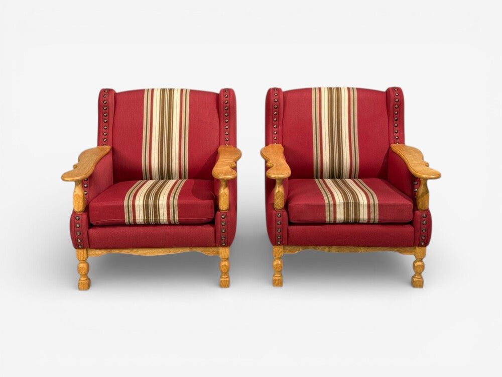 Henning Kjærnulf Style, Lounge Chairs, Red Fabric, Oak, Denmark, 1960s