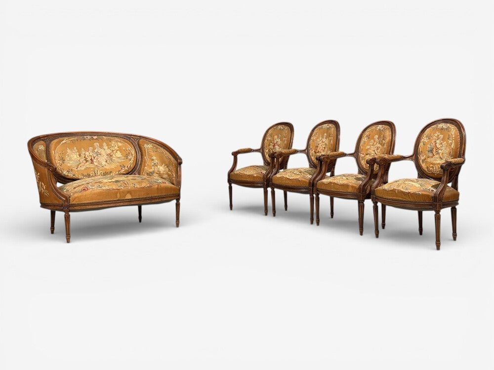 Louis XVI Style, Four Armchairs, Tapestry, Walnut, France, 20th c.
