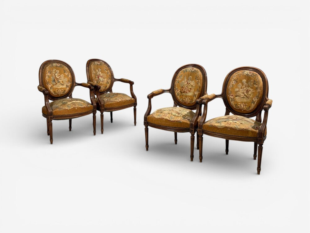 Louis XVI Style, Four Armchairs, Tapestry, Walnut, France, 20th c.