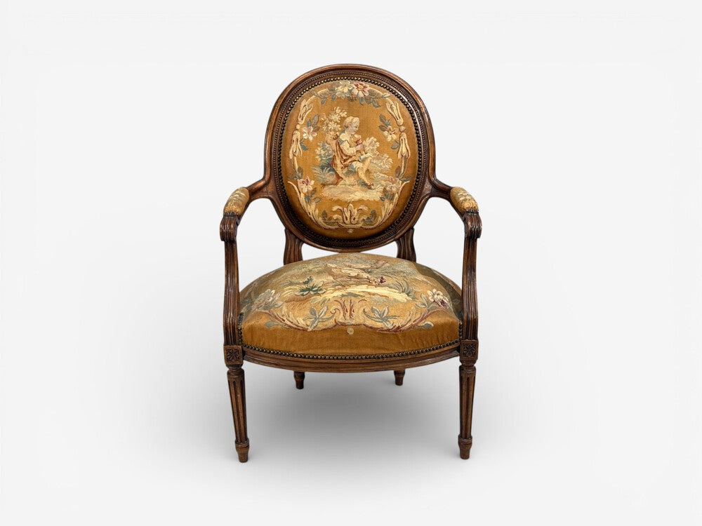 Louis XVI Style, Four Armchairs, Tapestry, Walnut, France, 20th c.