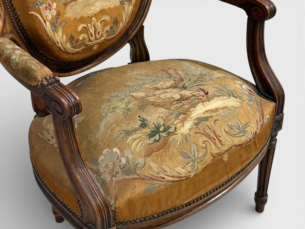 Louis XVI Style, Four Armchairs, Tapestry, Walnut, France, 20th c.