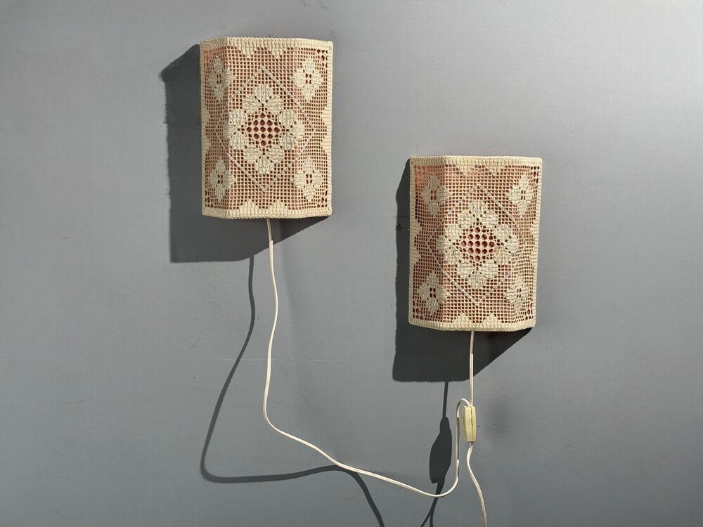 Swedish Modern, Wall Sconces, Pink and White Crocheted Fabric, Sweden, 1970s