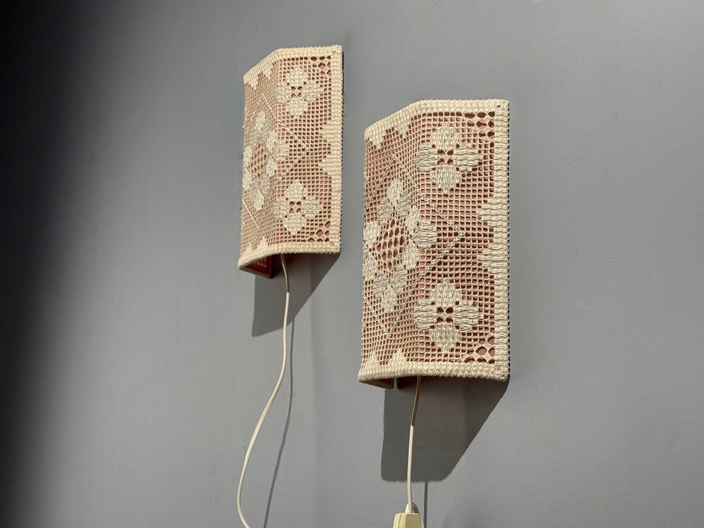 Swedish Modern, Wall Sconces, Pink and White Crocheted Fabric, Sweden, 1970s