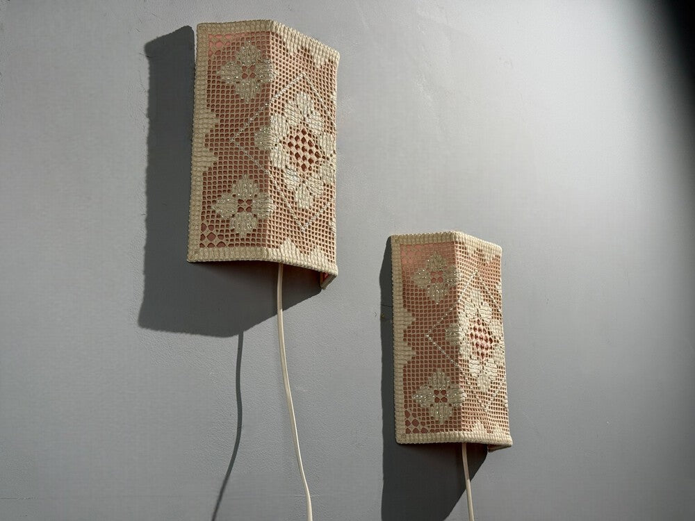 Swedish Modern, Wall Sconces, Pink and White Crocheted Fabric, Sweden, 1970s