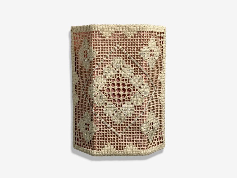 Swedish Modern, Wall Sconces, Pink and White Crocheted Fabric, Sweden, 1970s