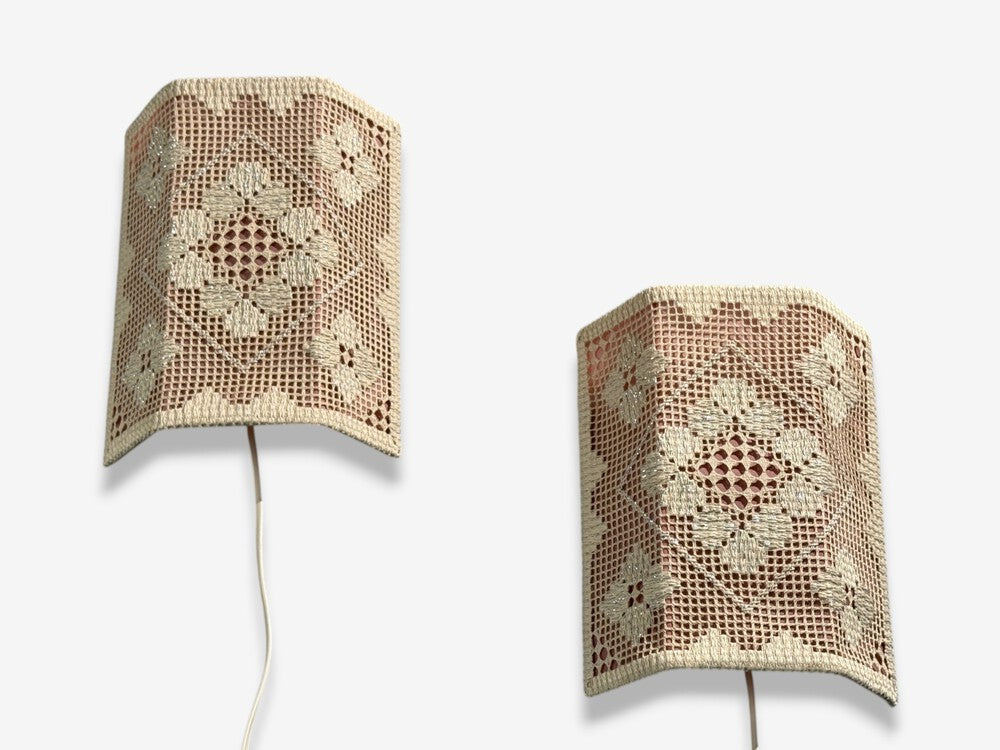 Swedish Modern, Wall Sconces, Pink and White Crocheted Fabric, Sweden, 1970s