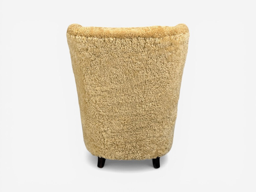 Paolo Buffa Attrib., Beige Shearling, Wood, Lounge Chairs, Italy, 1950s
