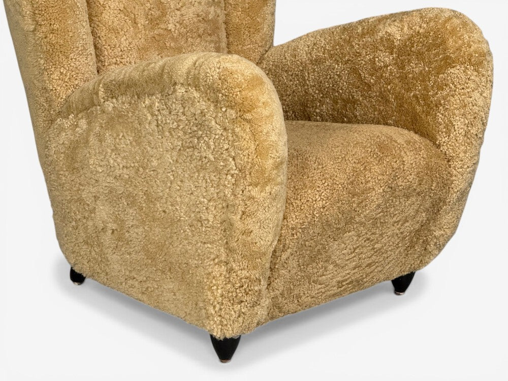 Paolo Buffa Attrib., Beige Shearling, Wood, Lounge Chairs, Italy, 1950s
