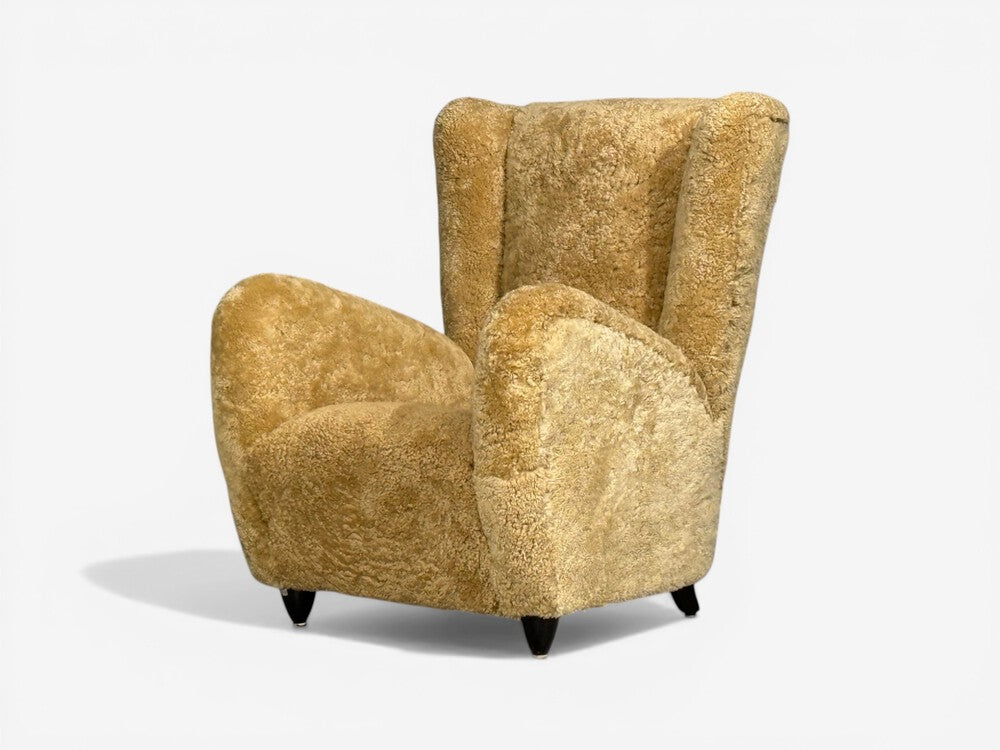 Paolo Buffa Attrib., Beige Shearling, Wood, Lounge Chairs, Italy, 1950s