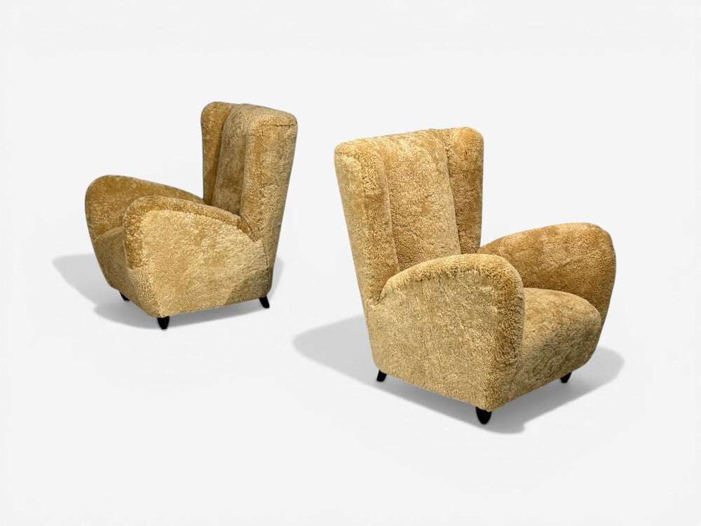 Paolo Buffa Attrib., Beige Shearling, Wood, Lounge Chairs, Italy, 1950s