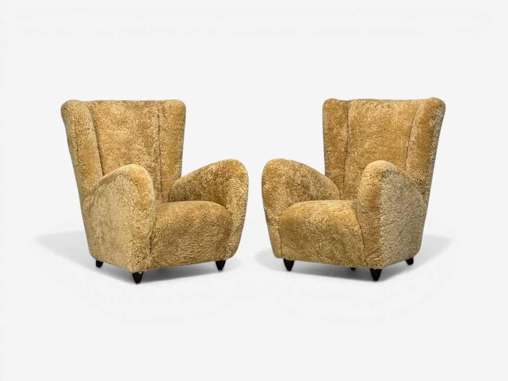 Paolo Buffa Attrib., Beige Shearling, Wood, Lounge Chairs, Italy, 1950s