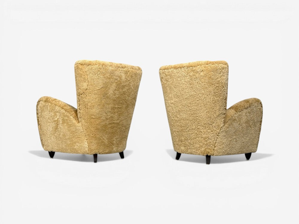 Paolo Buffa Attrib., Beige Shearling, Wood, Lounge Chairs, Italy, 1950s