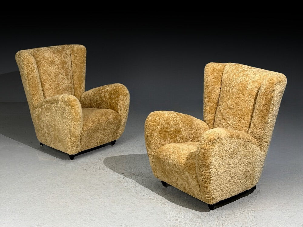 Paolo Buffa Attrib., Beige Shearling, Wood, Lounge Chairs, Italy, 1950s