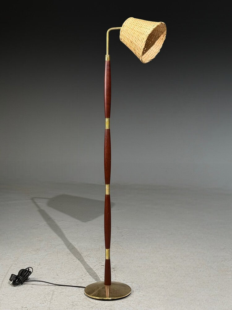 Laoni Belysning, Swedish Modern, Floor Lamp, Stained Wood, Brass, Sweden, 1960s