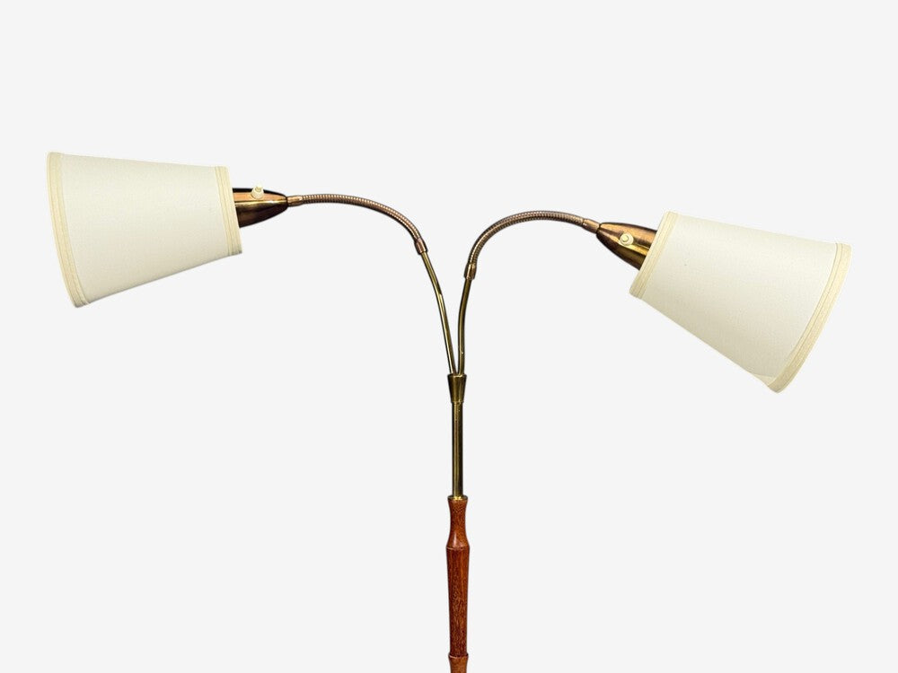 Swedish Modern, Adjustable Floor Lamp, Wood, Brass, Sweden, 1960s