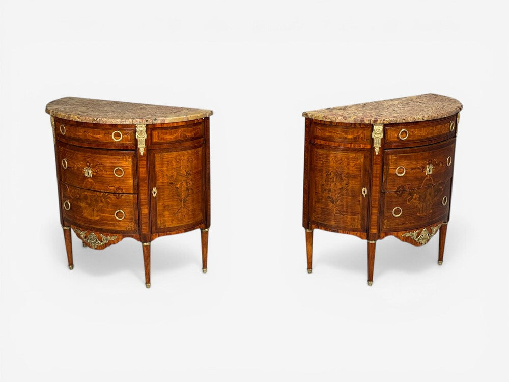 Louis XVI Style, Demilune Commodes, A Pair, Inlaid, Bronze, France, 19th c.