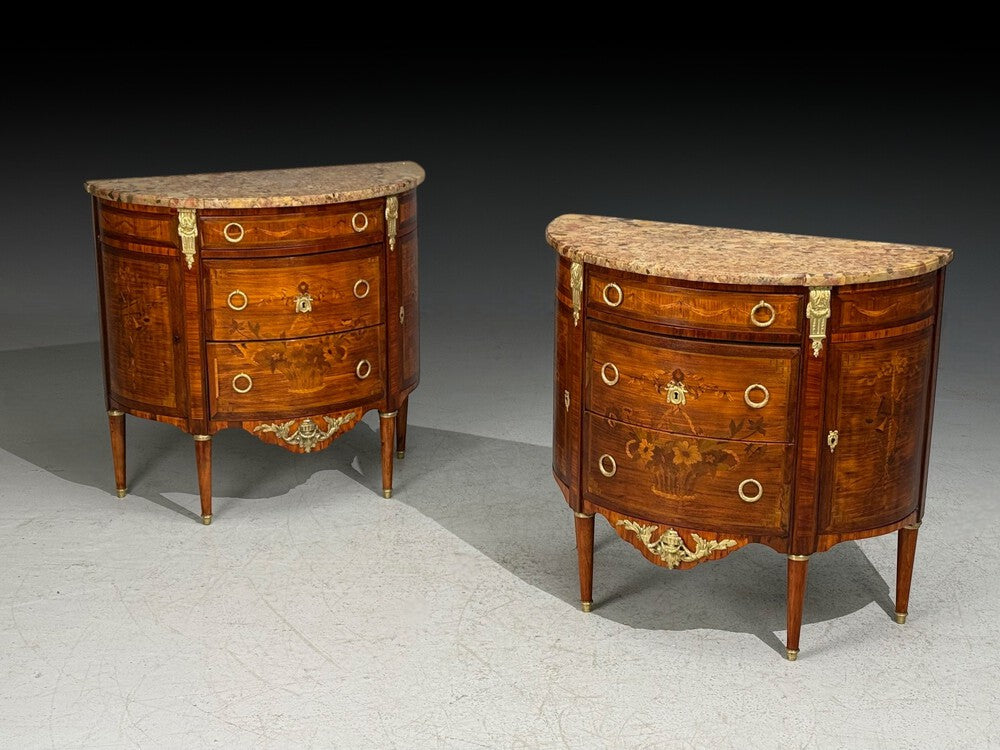 Louis XVI Style, Demilune Commodes, A Pair, Inlaid, Bronze, France, 19th c.