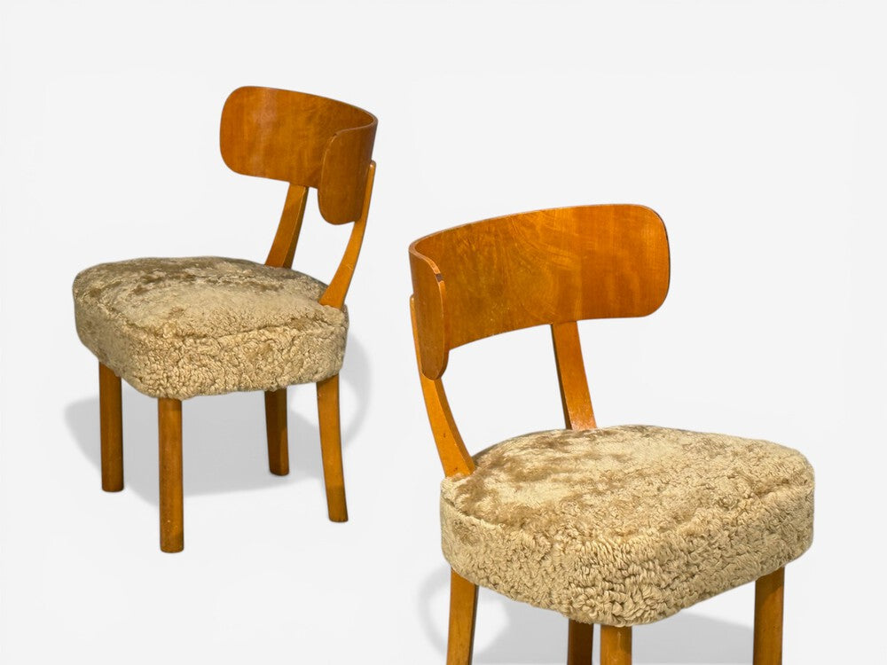 Axel Einar Hjorth, Rare Birka Chairs, Birch, Honey Sheepskin, Sweden, 1930s