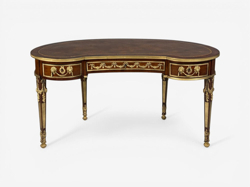 Guillaume Grohé, Kidney Shaped Desk and Chair, Leather, Bronze, France, 19th c.