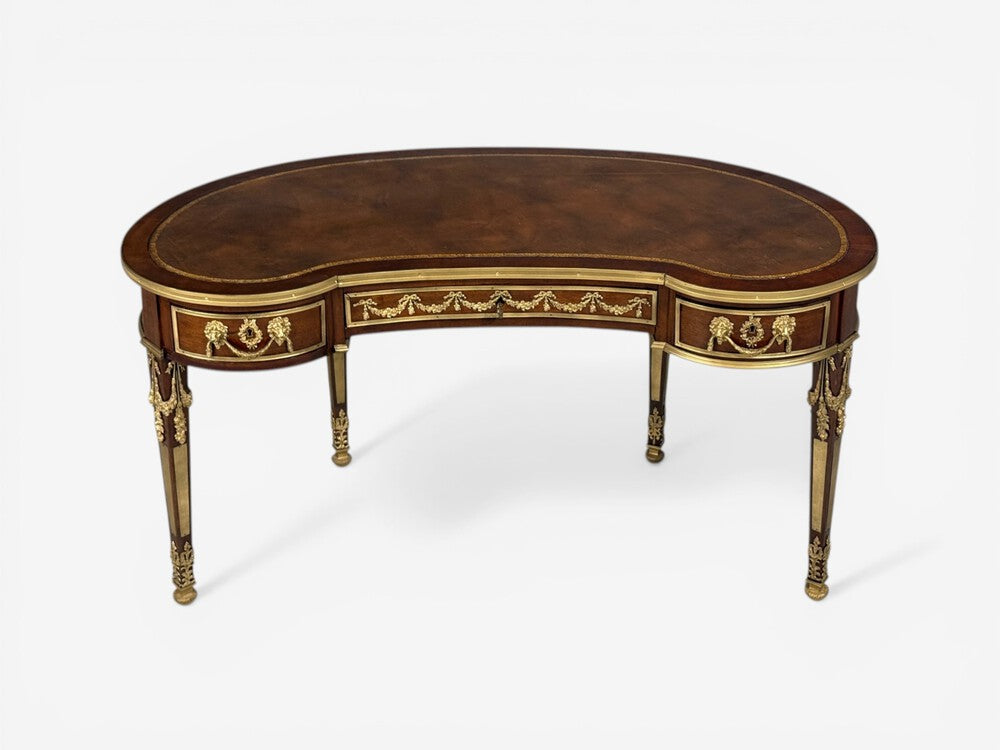 Guillaume Grohé, Kidney Shaped Desk and Chair, Leather, Bronze, France, 19th c.