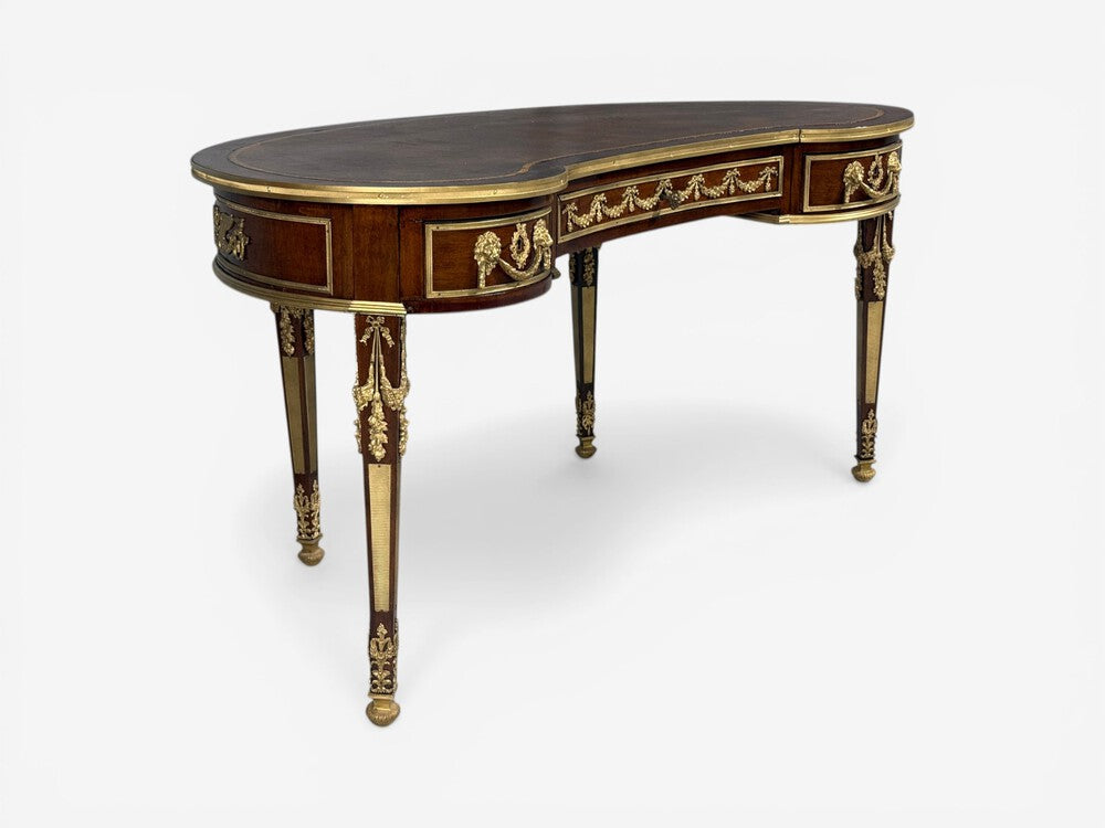 Guillaume Grohé, Kidney Shaped Desk and Chair, Leather, Bronze, France, 19th c.