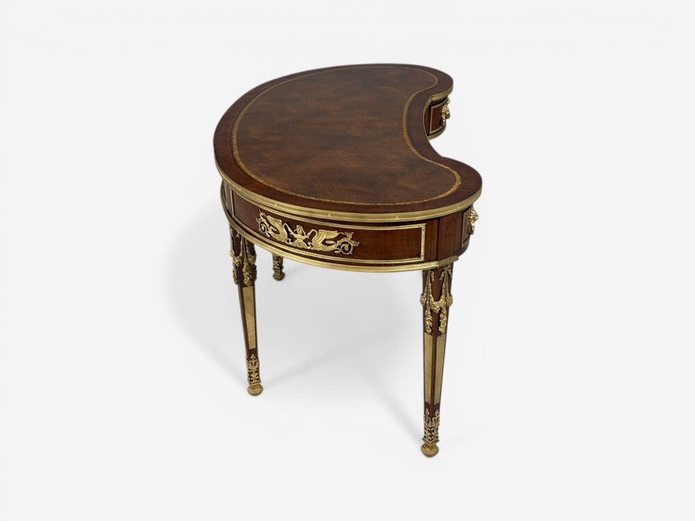Guillaume Grohé, Kidney Shaped Desk and Chair, Leather, Bronze, France, 19th c.