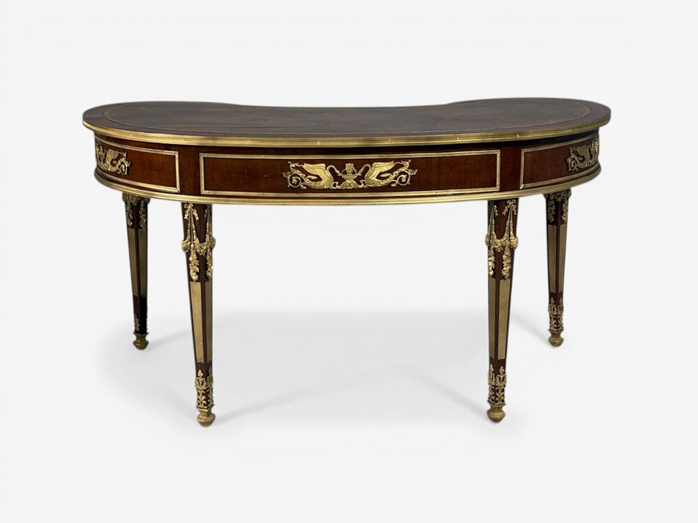 Guillaume Grohé, Kidney Shaped Desk and Chair, Leather, Bronze, France, 19th c.