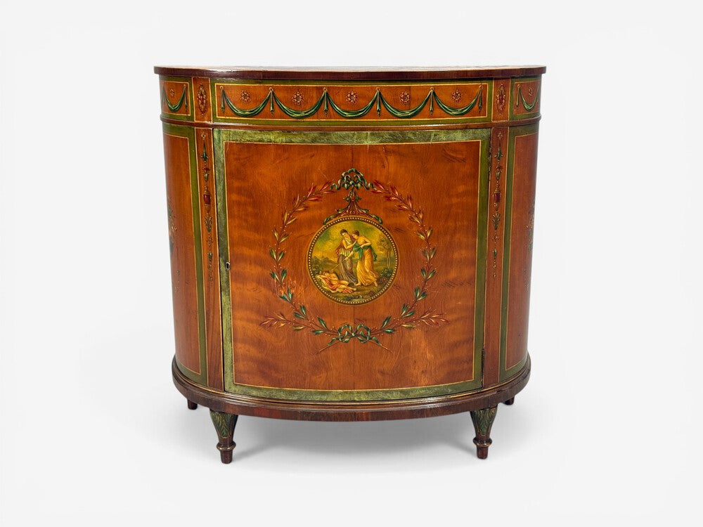 Edwardian, Adams Paint Decorated Demilune Cabinet, Inlaid Wood, 19th c.