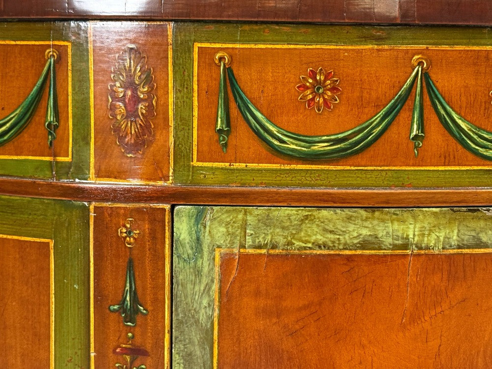 Edwardian, Adams Paint Decorated Demilune Cabinet, Inlaid Wood, 19th c.
