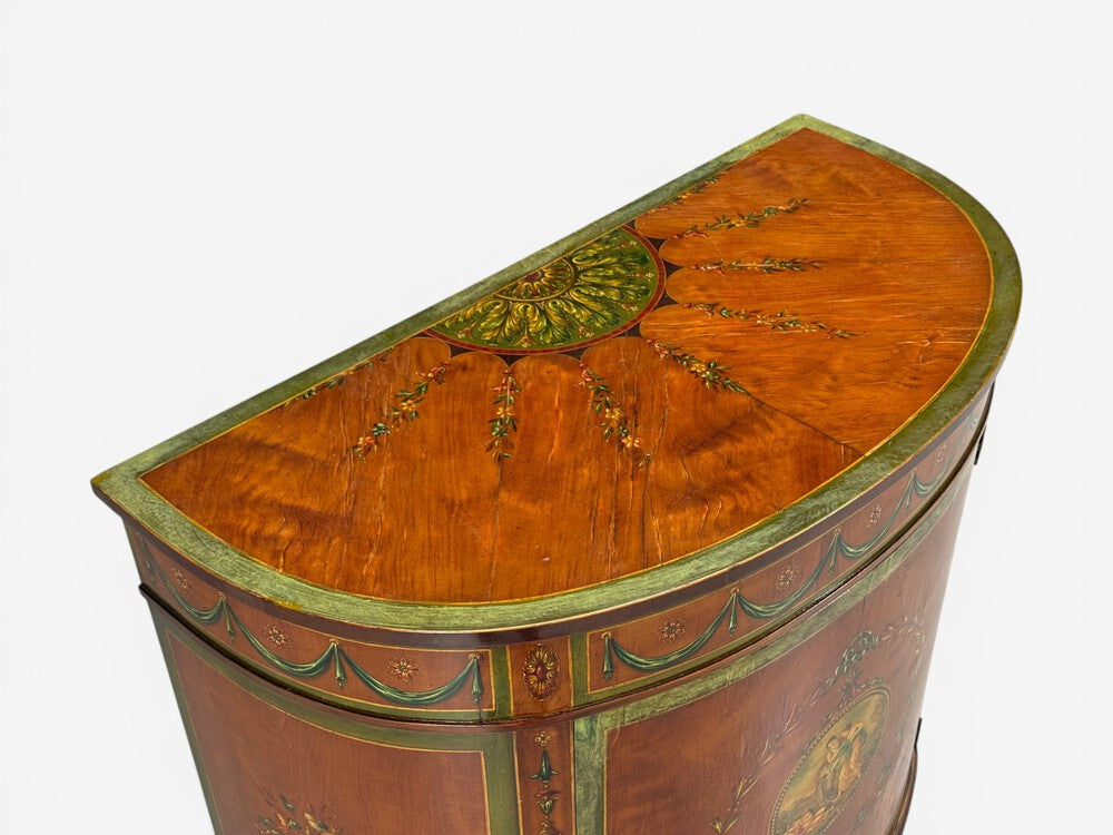 Edwardian, Adams Paint Decorated Demilune Cabinet, Inlaid Wood, 19th c.