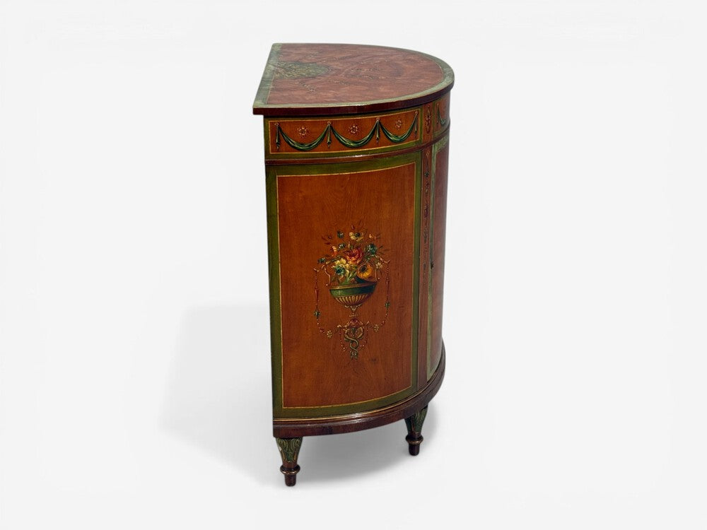 Edwardian, Adams Paint Decorated Demilune Cabinet, Inlaid Wood, 19th c.