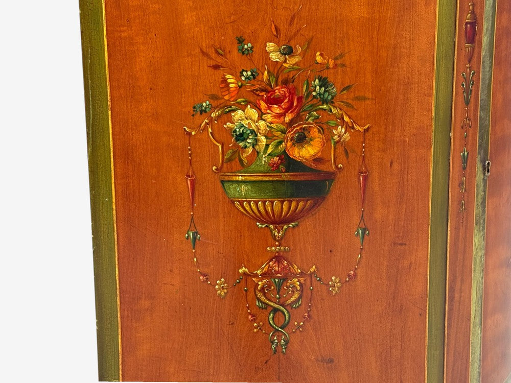 Edwardian, Adams Paint Decorated Demilune Cabinet, Inlaid Wood, 19th c.