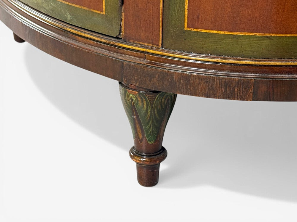 Edwardian, Adams Paint Decorated Demilune Cabinet, Inlaid Wood, 19th c.