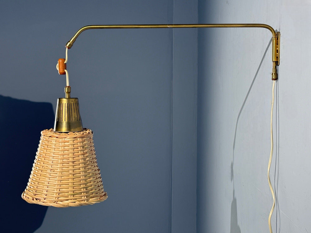 Ateljé Lyktan, Articulating Wall Light, Brass, Cane, Teak, Sweden, 1970s