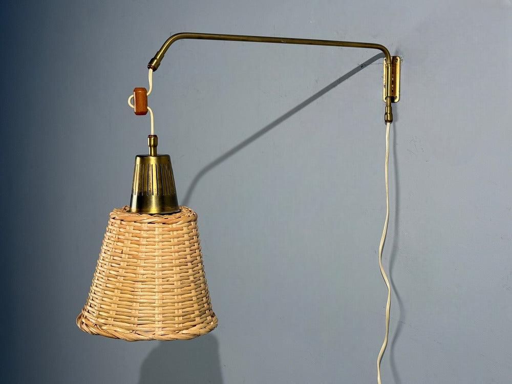 Ateljé Lyktan, Articulating Wall Light, Brass, Cane, Teak, Sweden, 1970s