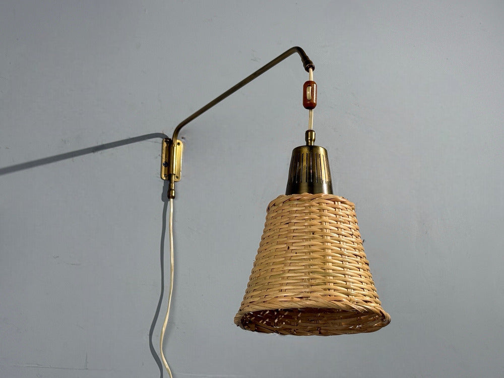 Ateljé Lyktan, Articulating Wall Light, Brass, Cane, Teak, Sweden, 1970s