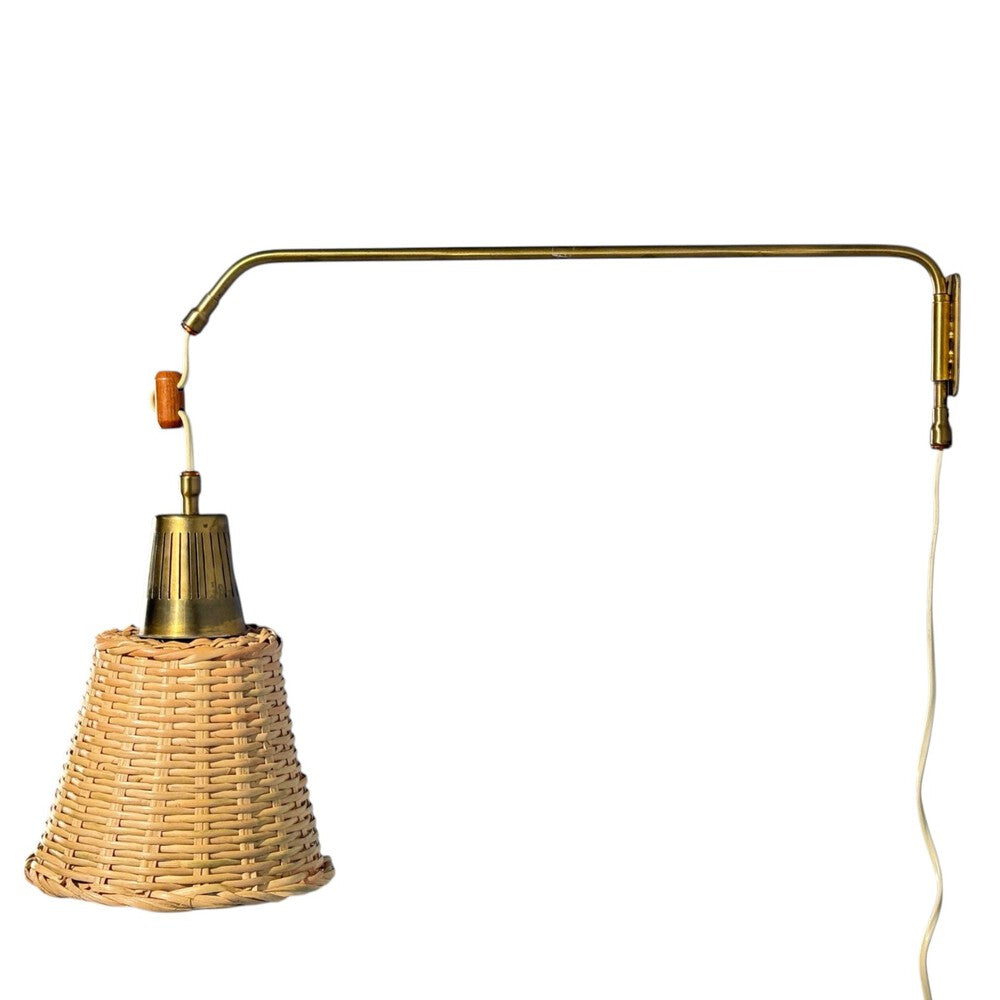 Ateljé Lyktan, Articulating Wall Light, Brass, Cane, Teak, Sweden, 1970s