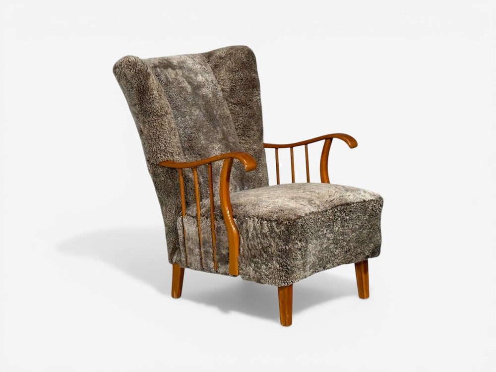 Swedish Modern, Lounge Chairs, Elm, Gray Shearling, Sweden, 1940s