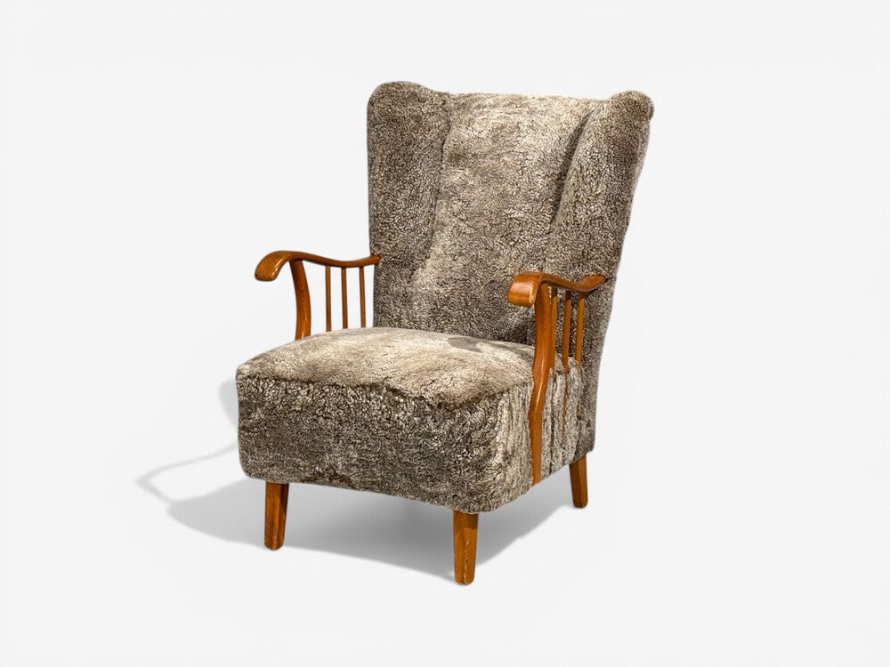Swedish Modern, Lounge Chairs, Elm, Gray Shearling, Sweden, 1940s