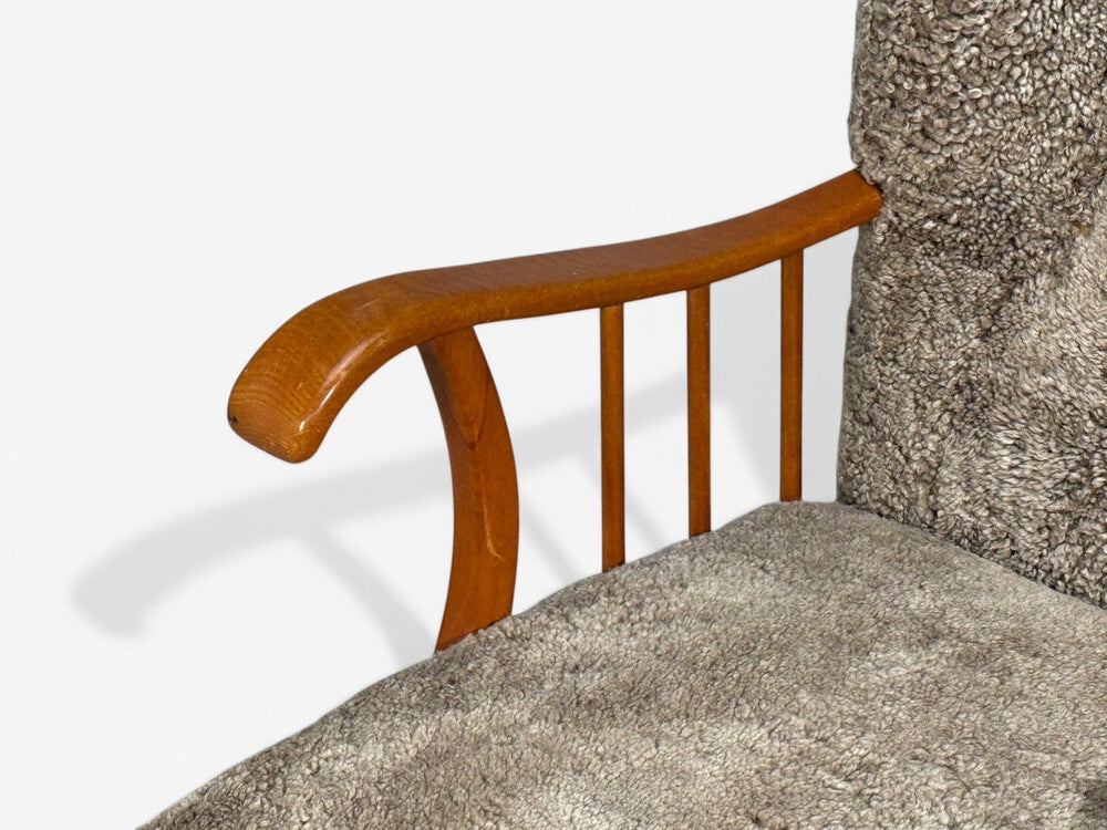 Swedish Modern, Lounge Chairs, Elm, Gray Shearling, Sweden, 1940s