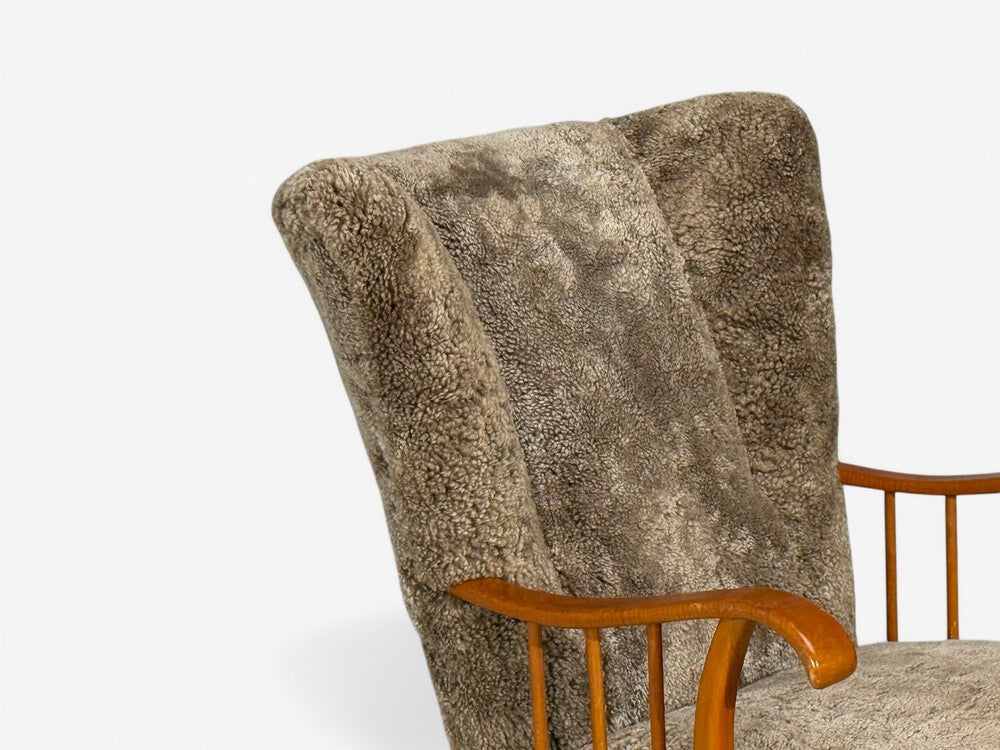 Swedish Modern, Lounge Chairs, Elm, Gray Shearling, Sweden, 1940s