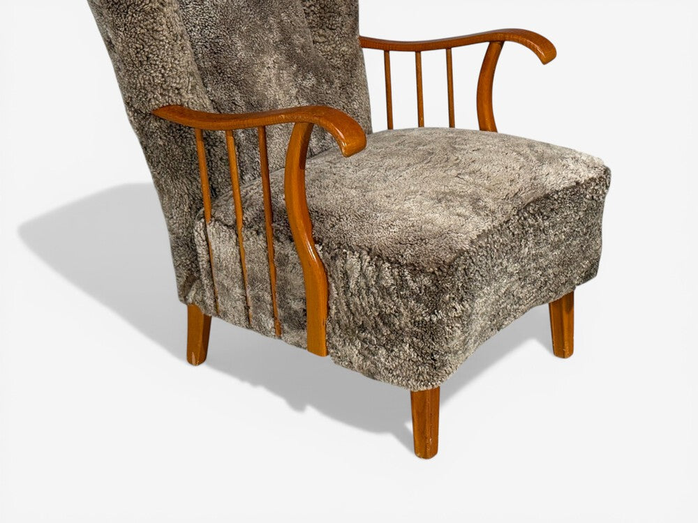 Swedish Modern, Lounge Chairs, Elm, Gray Shearling, Sweden, 1940s