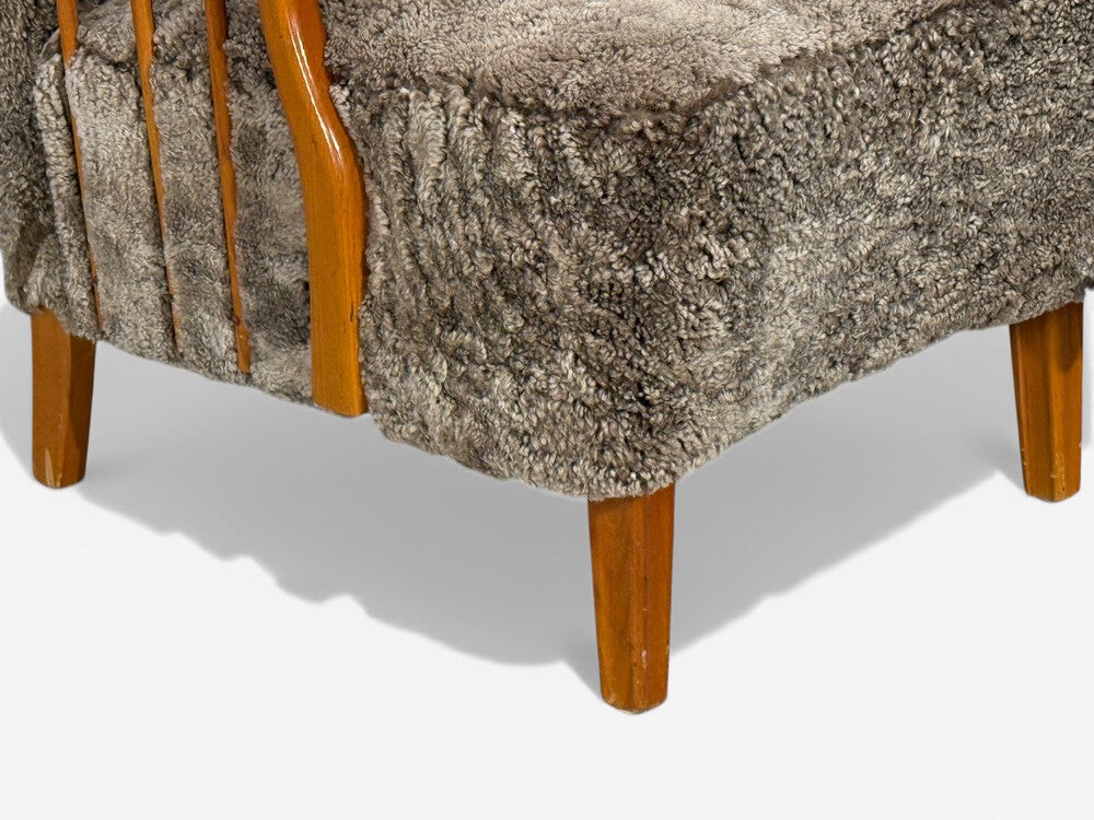 Swedish Modern, Lounge Chairs, Elm, Gray Shearling, Sweden, 1940s
