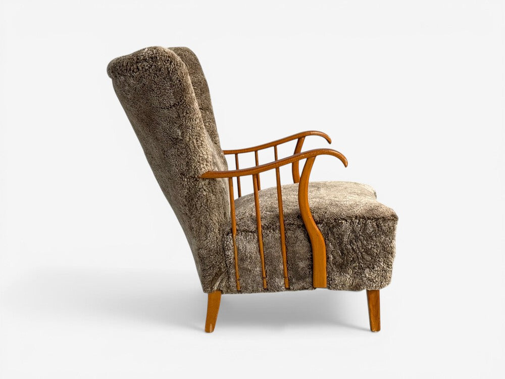 Swedish Modern, Lounge Chairs, Elm, Gray Shearling, Sweden, 1940s