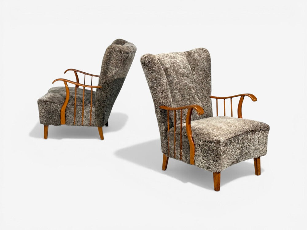 Swedish Modern, Lounge Chairs, Elm, Gray Shearling, Sweden, 1940s