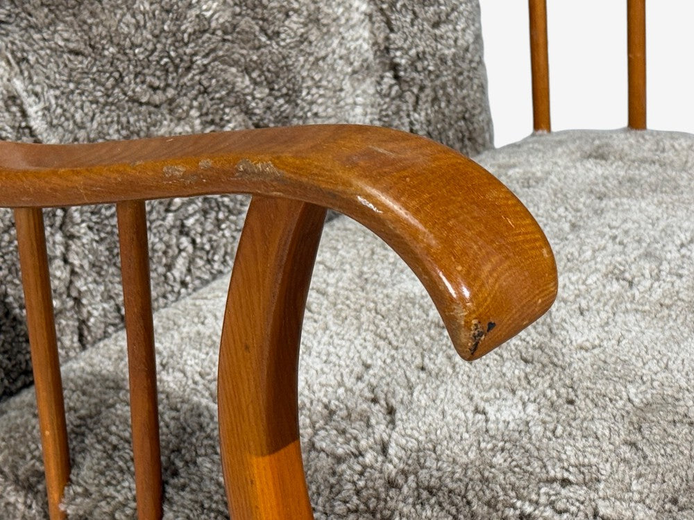 Swedish Modern, Lounge Chairs, Elm, Gray Shearling, Sweden, 1940s