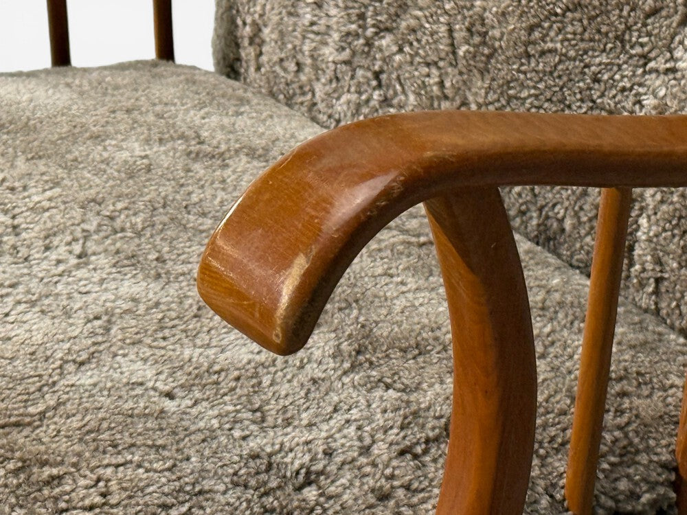 Swedish Modern, Lounge Chairs, Elm, Gray Shearling, Sweden, 1940s